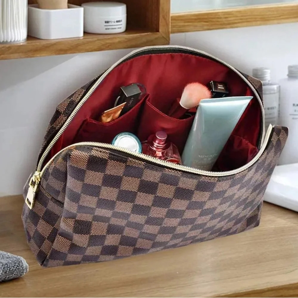 Checkered Cosmetic Bag Large Travel Toiletry Organizer - Picture 3 of 3